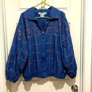 Vintage Great Cavalier St. Paul Silk Denim Embroidered Bomber Jacket Womens 3x